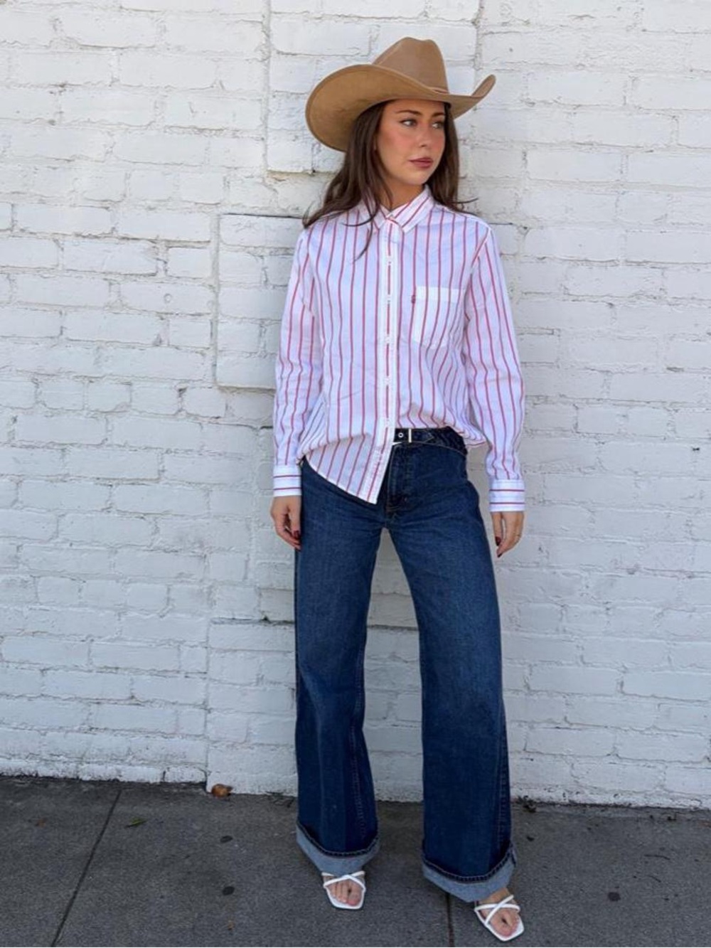 Levi's white and red striped button up boyfriend fit shirt sz S #western #cowgir